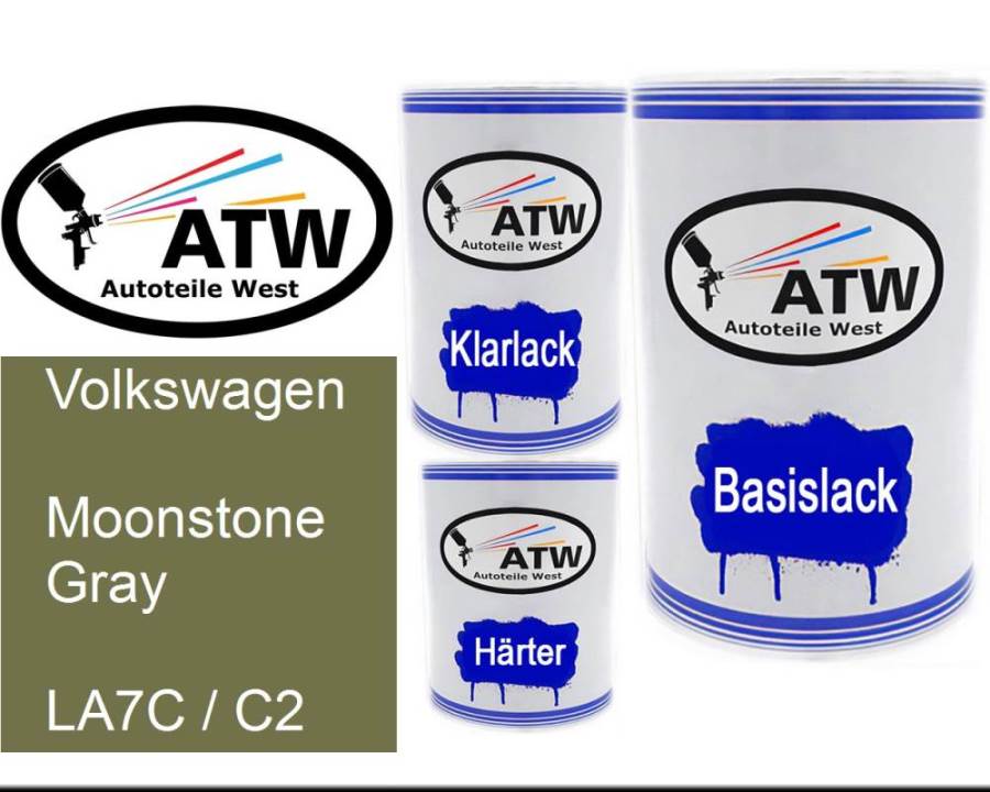 Volkswagen, Moonstone Gray, LA7C / C2: 500ml Lackdose + 500ml Klarlack + 250ml Härter - Set, von ATW Autoteile West.